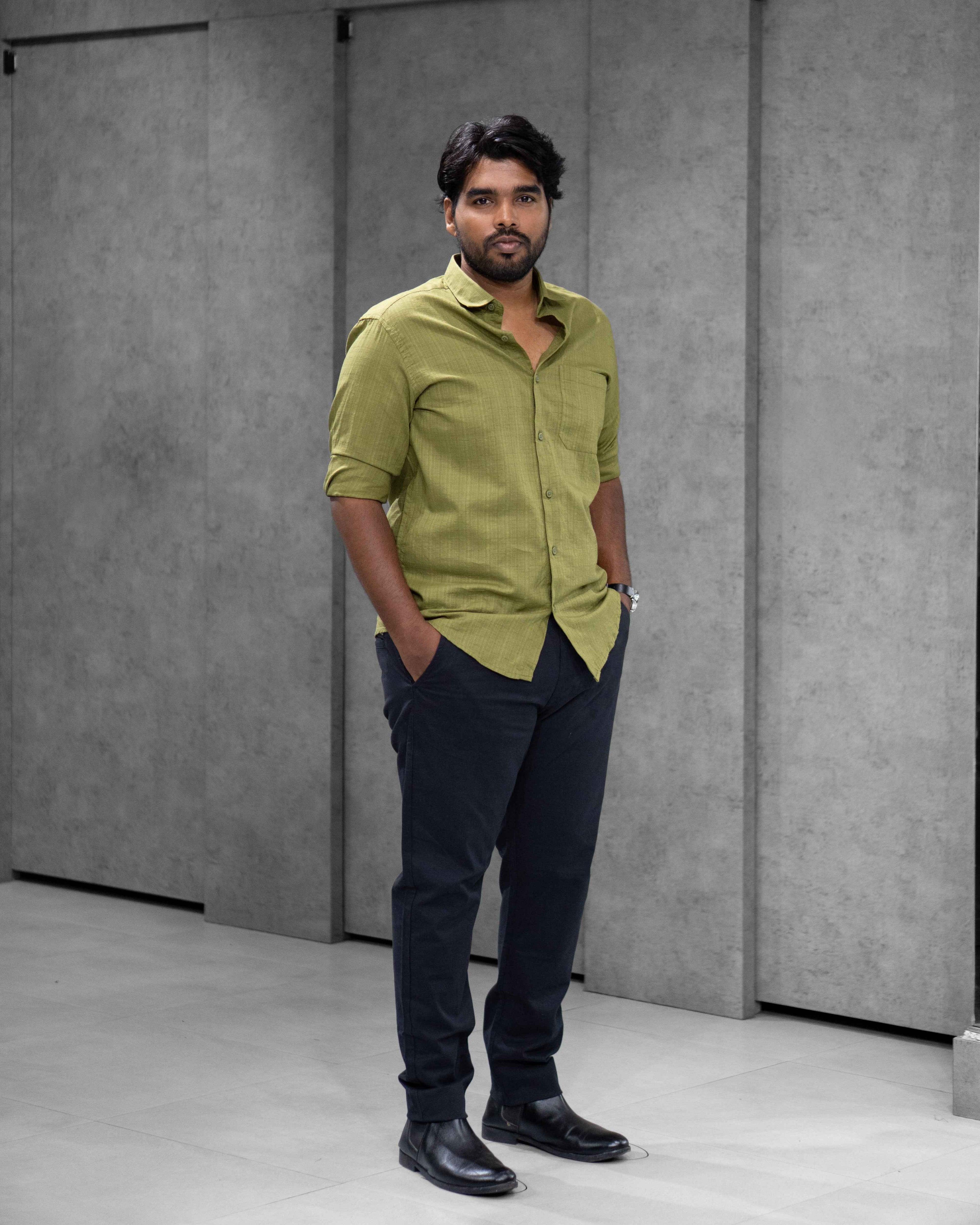 Olive Green Linen Blended Shirt