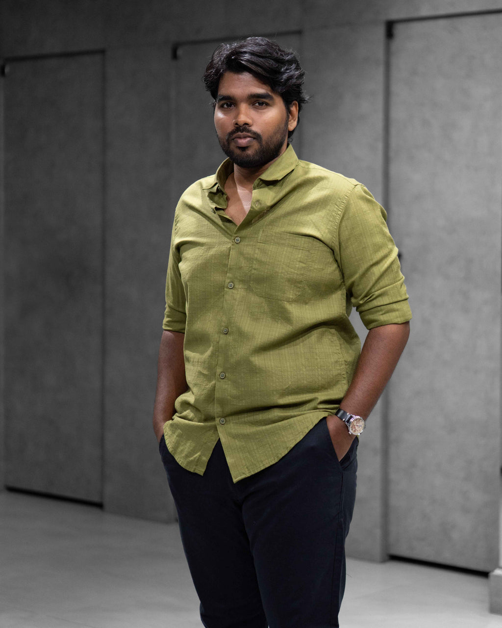 Olive Green Linen Blended Shirt