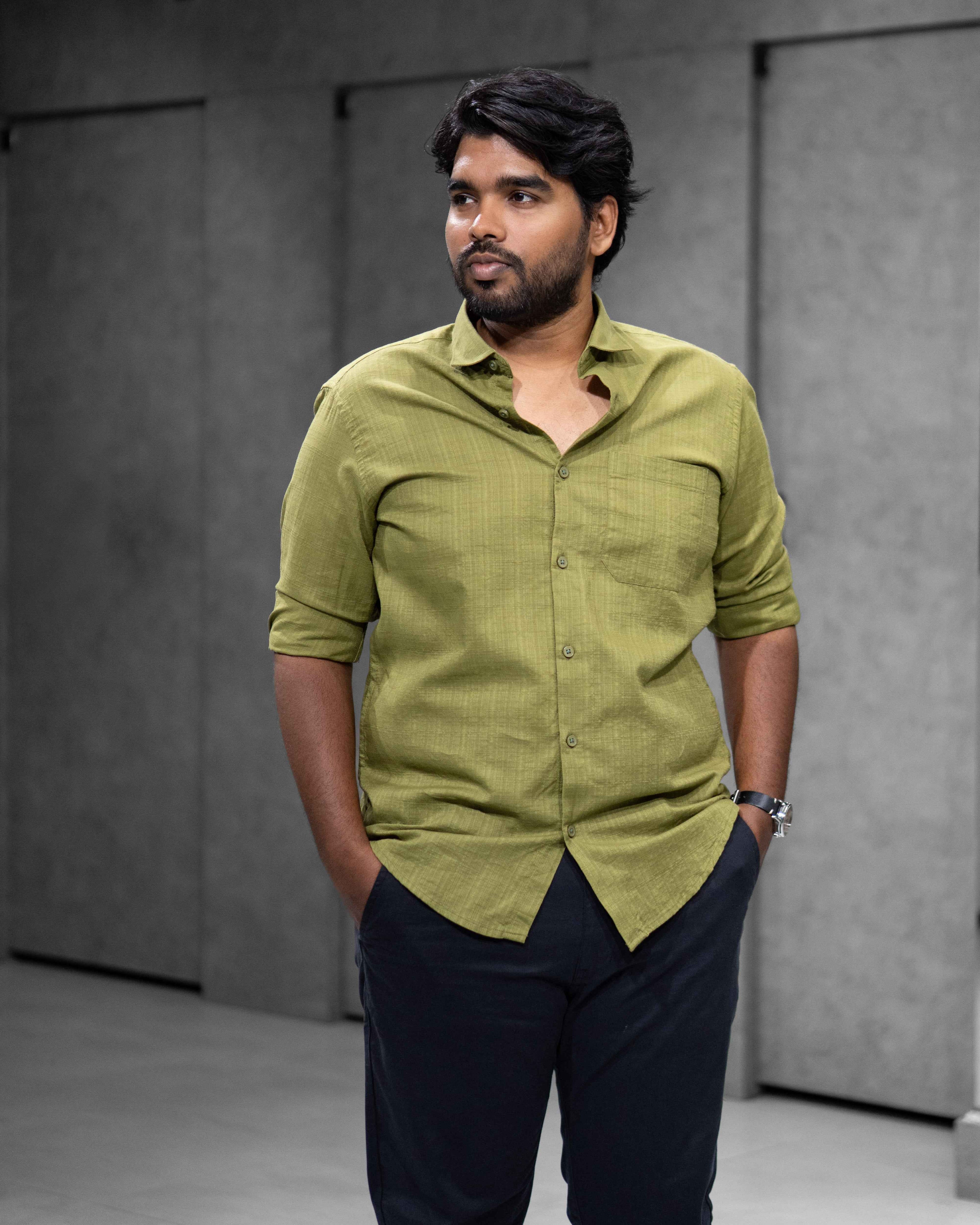 Olive Green Linen Blended Shirt