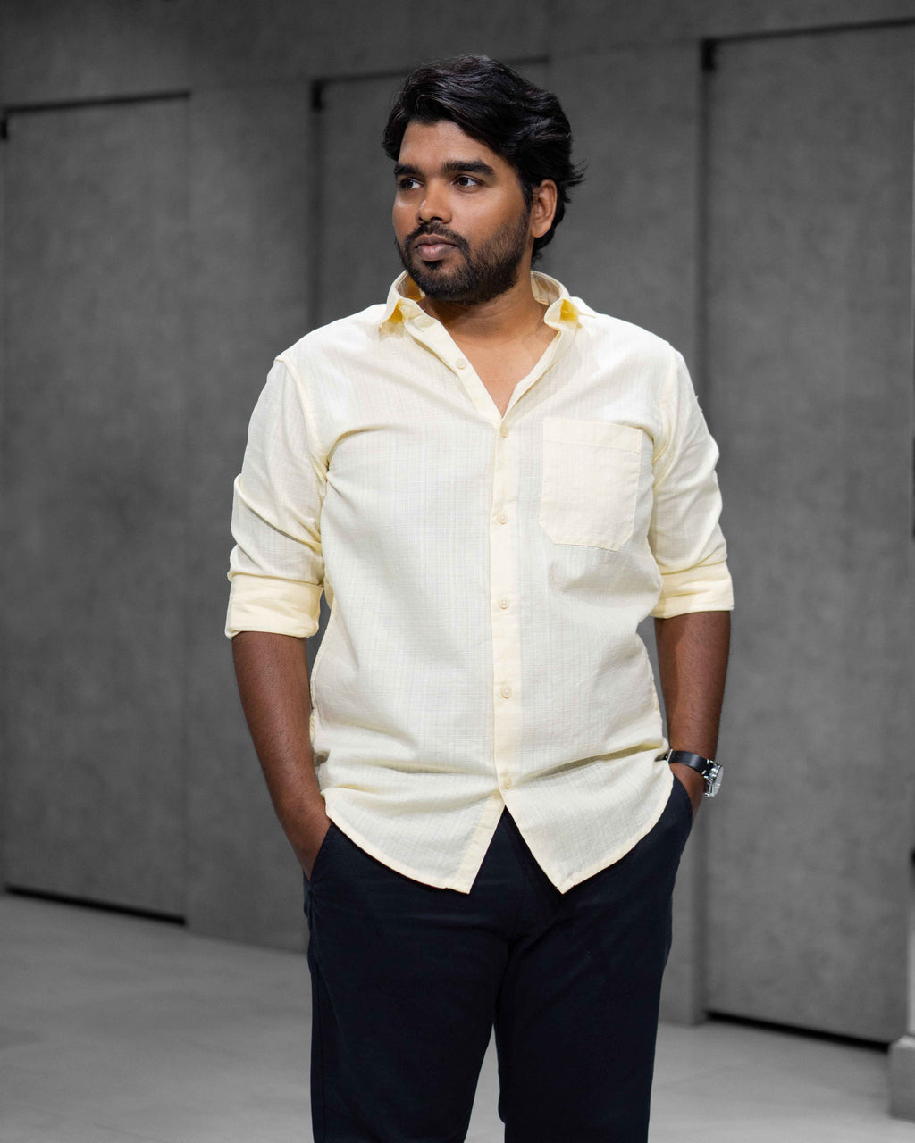 Light Yellow Linen Blended Shirt