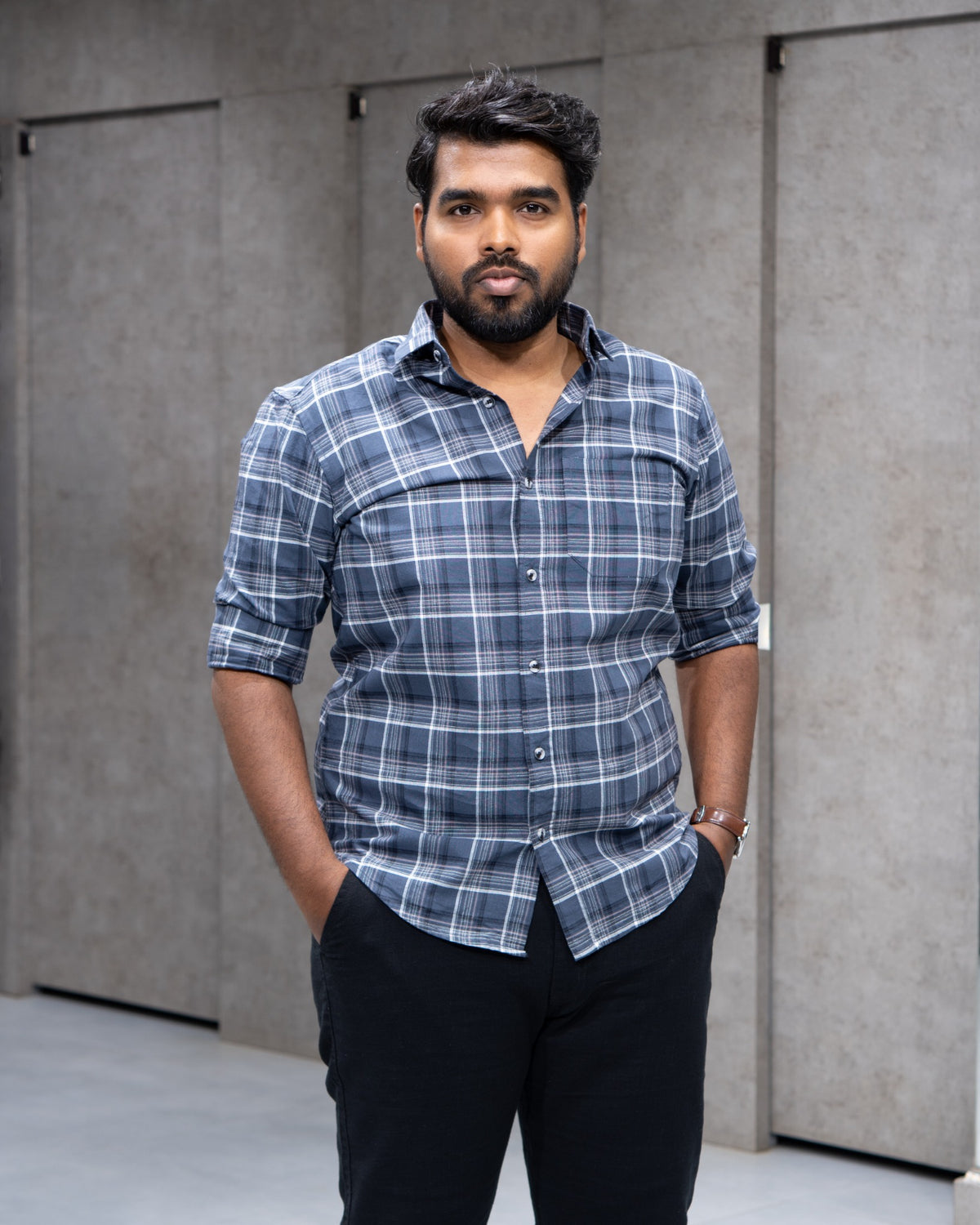 Menly Charcoal Blue Plaid Cotton Shirt