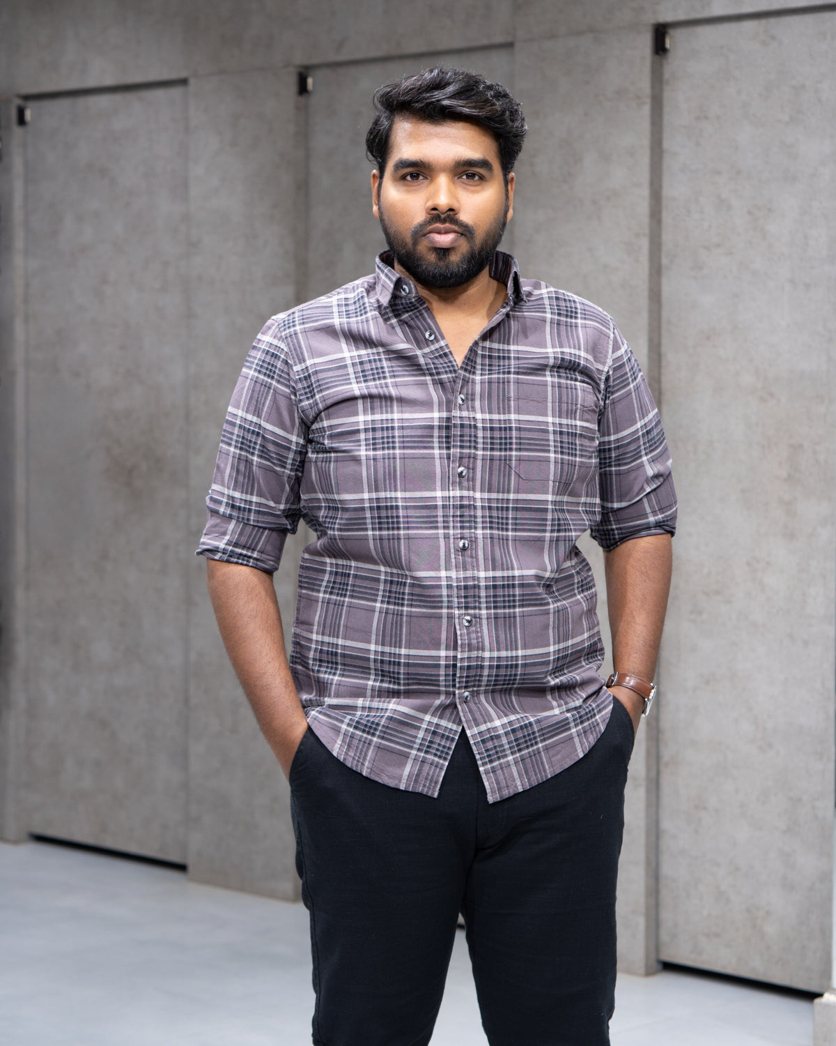 Menly Grey Brown Plaid Cotton Shirt