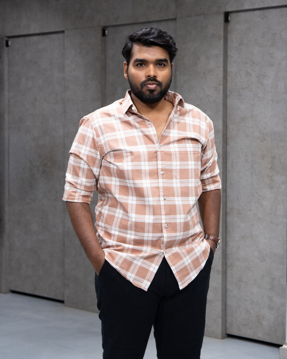 Menly Peach Plaid Cotton Shirt
