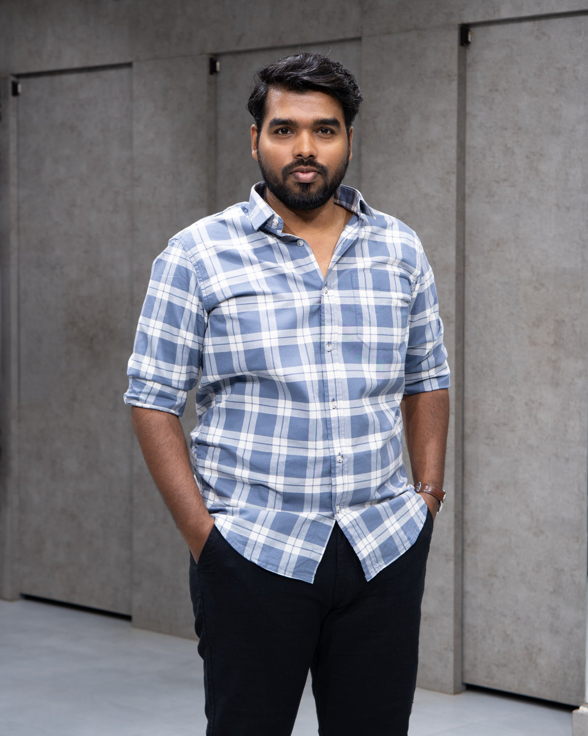 Menly Powder Blue Plaid Cotton Shirt